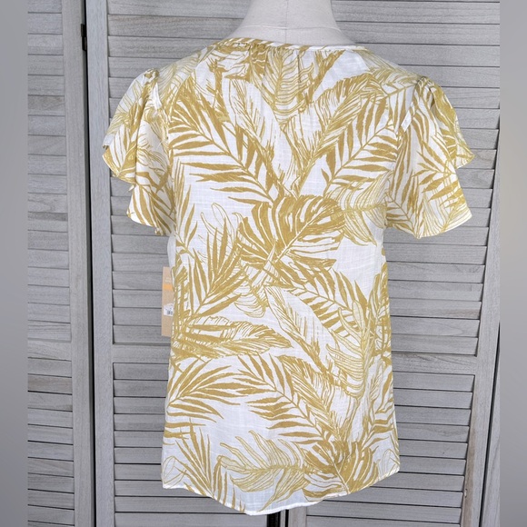 HOPE & HARLOW Tropical Print Blouse Flutter Sleeve Beige/White-Small - Picture 2 of 2